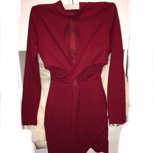 Long Sleeve Mini Red Dress Open Cut